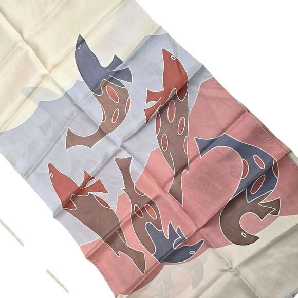 Vintage Hand-Painted Pure Silk Neck Scarf Abstract Fish Design Signed JJ3787 - Picture 6 of 8